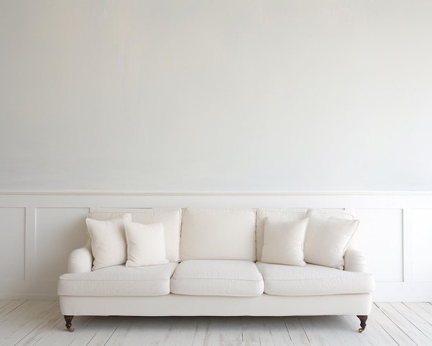 There is a white couch with pillows on it in a room generative ai