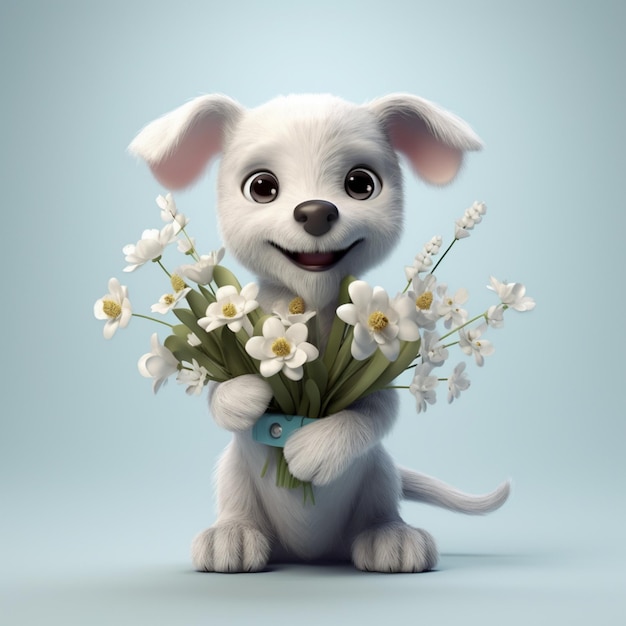 There is a white dog holding a bouquet of flowers in its paws generative ai