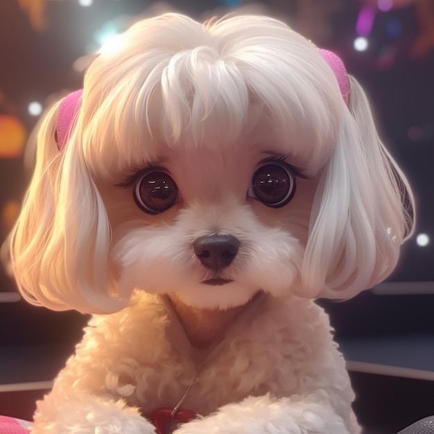 there is a white dog with a pink bow on its head generative ai