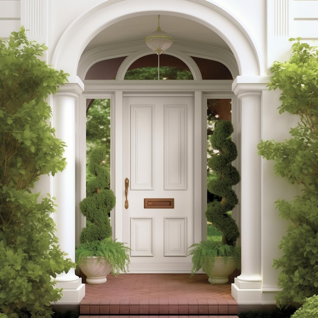 there is a white door with a white frame and a planter generative ai