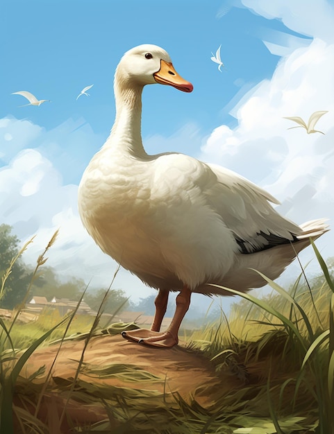 there is a white duck standing on a dirt path in the grass generative ai