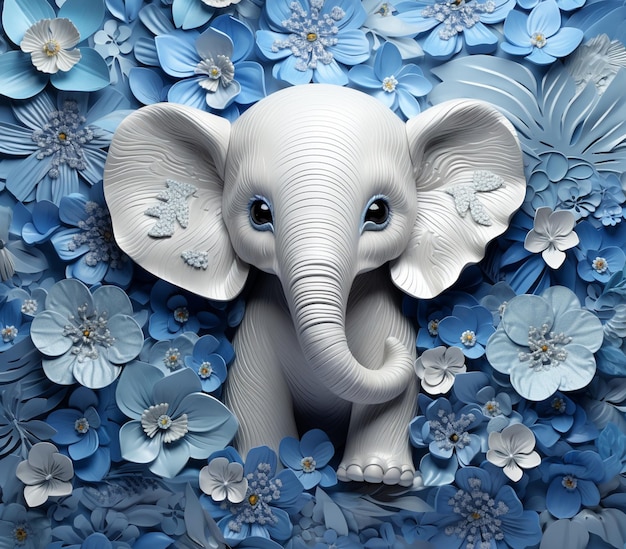 there is a white elephant with blue flowers in the background generative ai