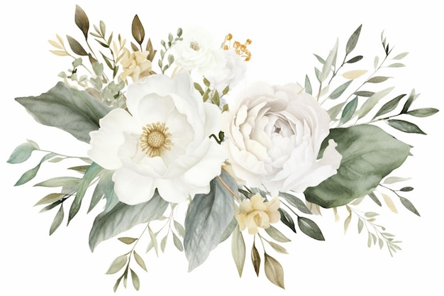 There is a white flower arrangement with green leaves and flowers generative ai