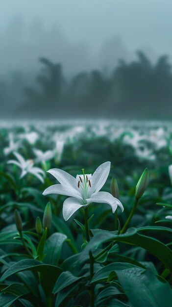 there is a white flower in a field of green leaves generative ai