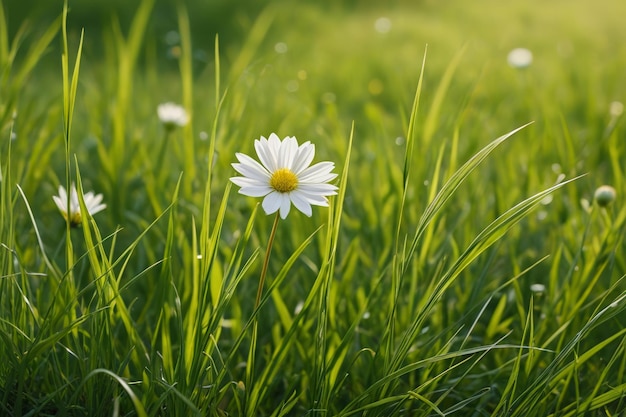 Photo there is a white flower that is in the middle of some grass