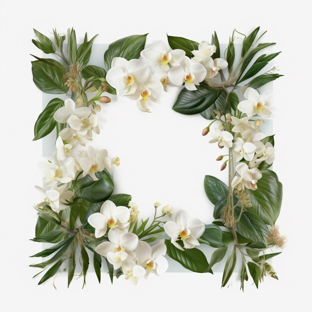 There is a white flower wreath with green leaves and flowers generative ai