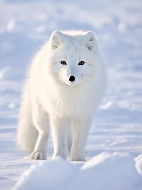 there is a white fox standing in the snow looking at the camera generative ai