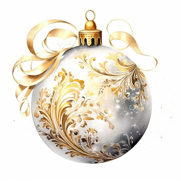 there is a white and gold christmas ornament with a gold ribbon generative ai