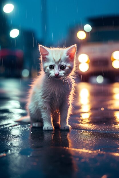 there is a white kitten standing on the street in the rain generative ai