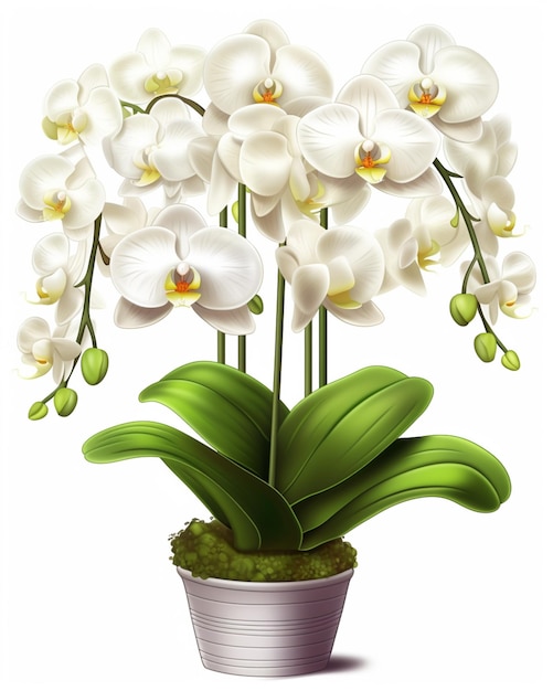 There is a white orchid plant in a pot with green leaves generative ai