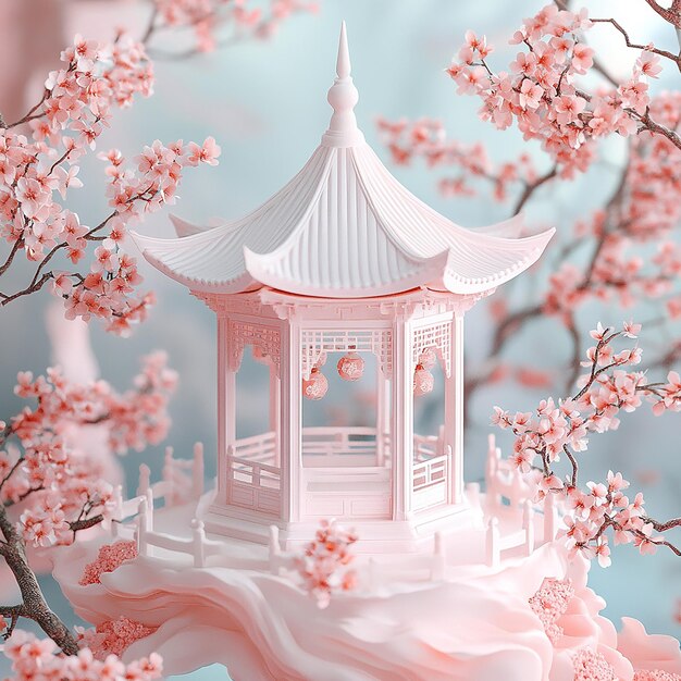 Photo there is a white pavilion in the flowers made of jade full of pink and white peach blossoms pure