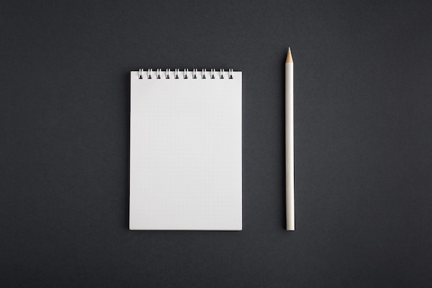 There is a white pencil next to the notebook Notepad and pencil lie on a gray background