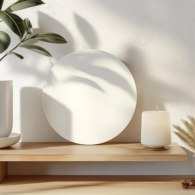 there is a white plate sitting on a shelf next to a candle generative ai