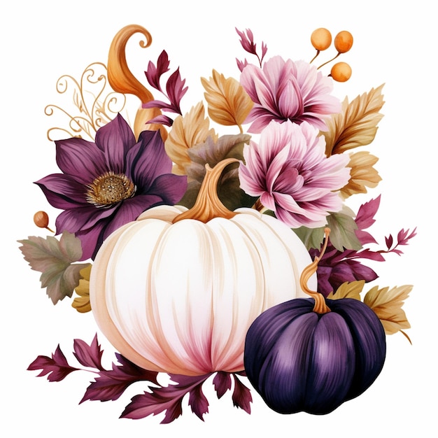 there is a white pumpkin and purple flowers on a white background generative ai