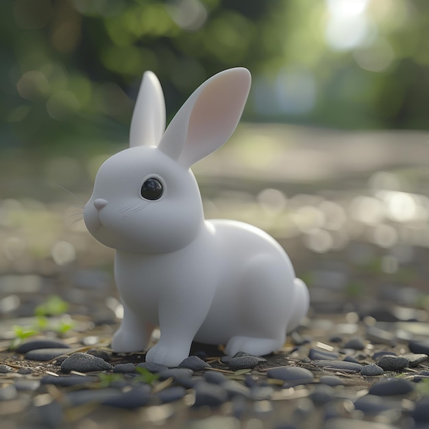 there is a white rabbit toy sitting on a gravel ground generative ai