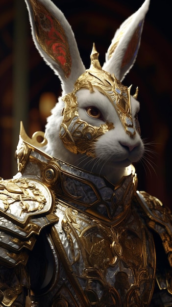 There is a white rabbit wearing a gold armor and a crown generative ai