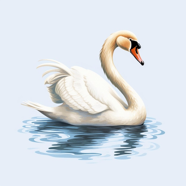 There is a white swan floating on the water with a blue background generative ai