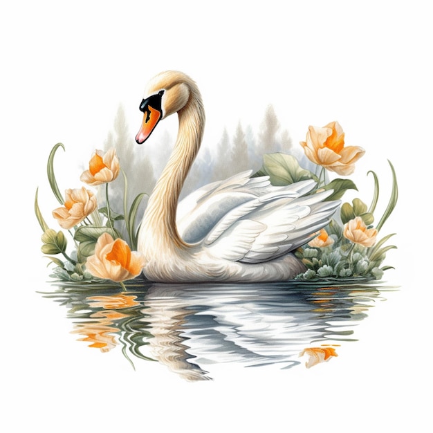 There is a white swan that is floating in the water generative ai