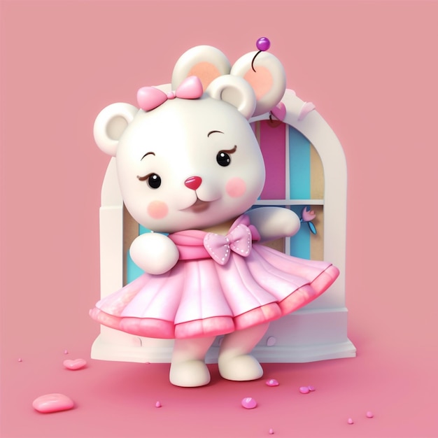 there is a white teddy bear in a pink dress standing in front of a doll house generative ai