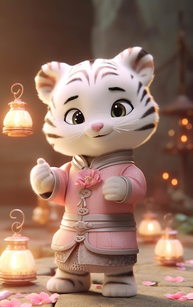 There is a white tiger standing next to a lantern and a lantern generative ai