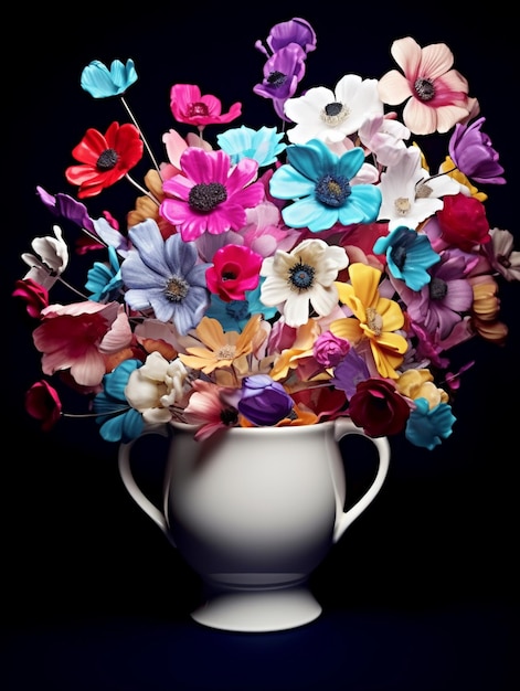 There is a white vase with a bunch of colorful flowers in it generative ai