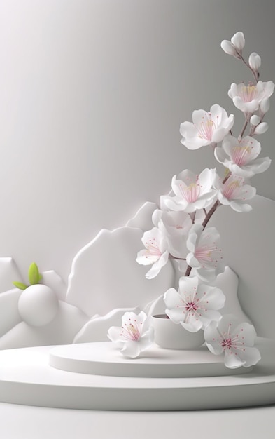 There is a white vase with a flower on a white shelf generative ai