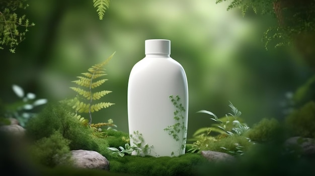 There is a white vase with green plants on it in the woods generative ai