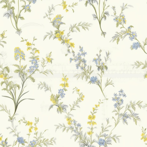 There is a white wallpaper with a bunch of blue and yellow flowers generative ai