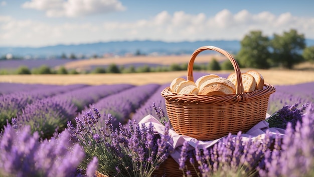 There is a wicker basket full of bread rolls in a field of lavender