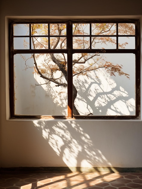 Photo there is a window with a tree in it and a vase in front of it generative ai