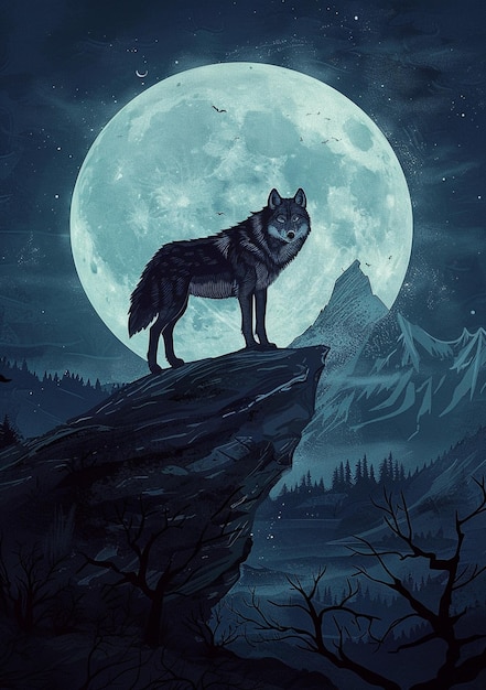 there is a wolf standing on a rock with a full moon in the background generative ai