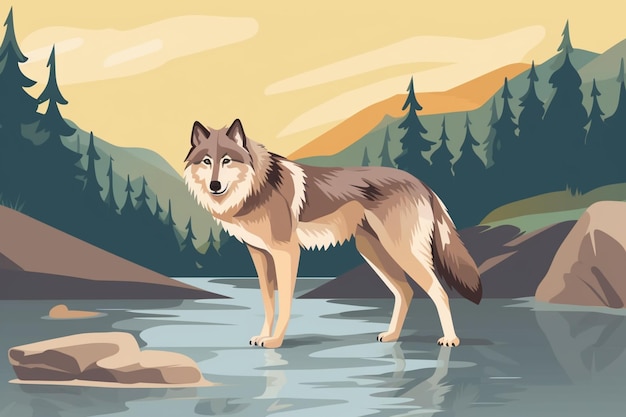 There is a wolf standing in the water near a mountain generative ai