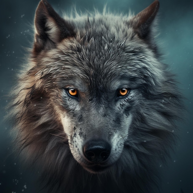 There is a wolf with orange eyes staring at the camera generative ai