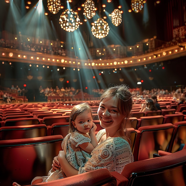 Photo there is a woman and a child sitting in a theater