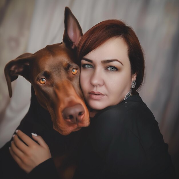 Photo there is a woman and a dog that are posing for a picture generative ai