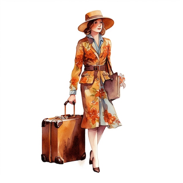 There is a woman in a hat and dress with a suitcase generative ai