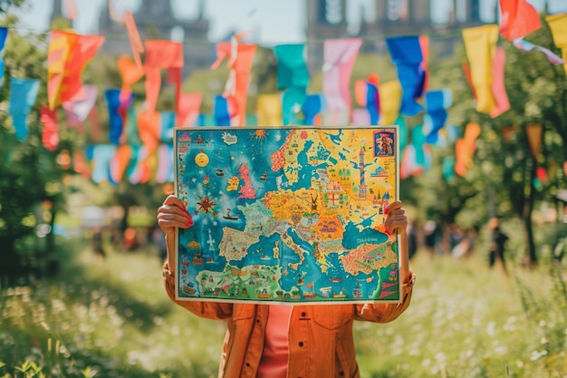 there is a woman holding a map in front of her face generative ai