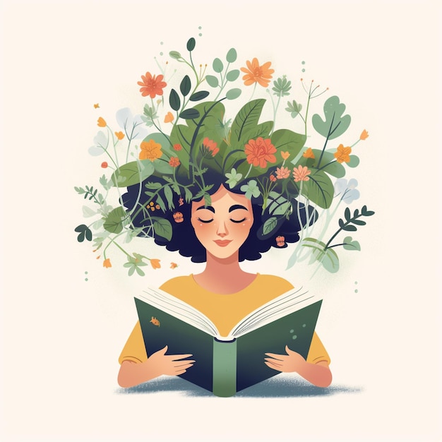 there is a woman reading a book with flowers on her head generative ai