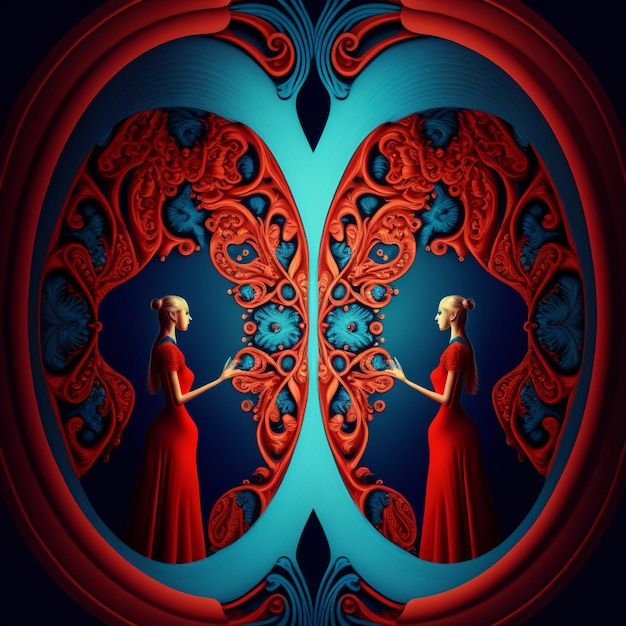 There is a woman in a red dress standing in front of a mirror generative ai