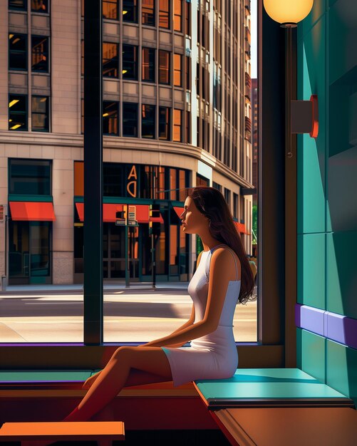 Photo there is a woman sitting on a bench in front of a window generative ai