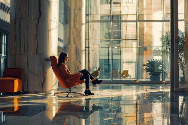 there is a woman sitting in a chair in a large room