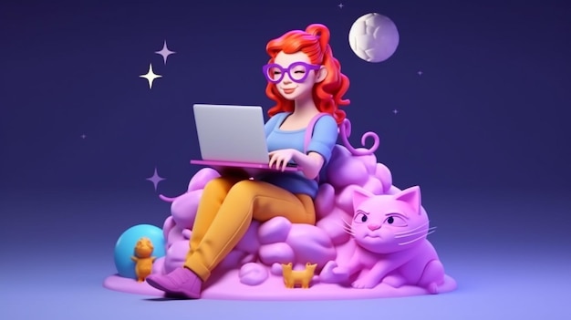 There is a woman sitting on a pile of toys with a laptop generative ai