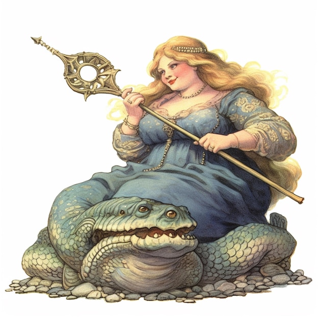 There is a woman sitting on a toad with a spear generative ai