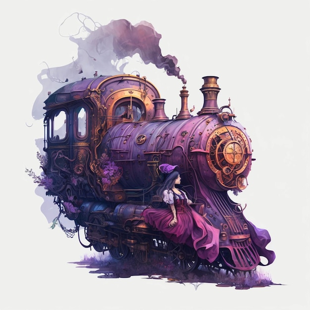 there is a woman sitting on a train with steam coming out of it generative ai