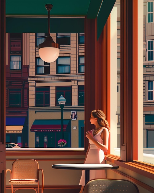 there is a woman standing in a cafe looking out the window generative ai