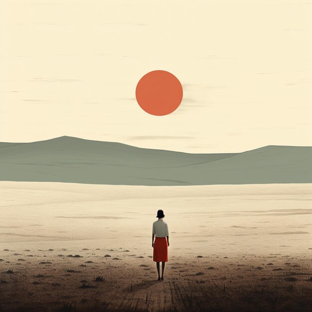 there is a woman standing on a dirt road looking at the sun generative ai