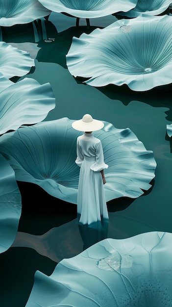 there is a woman standing in a large pond of water lily leaves generative ai