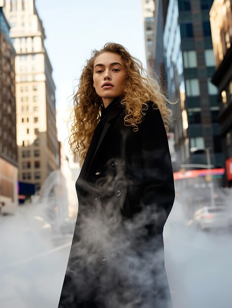 Photo there is a woman standing in the middle of a city street