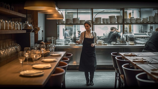 there is a woman standing in a restaurant with a glass of wine generative ai