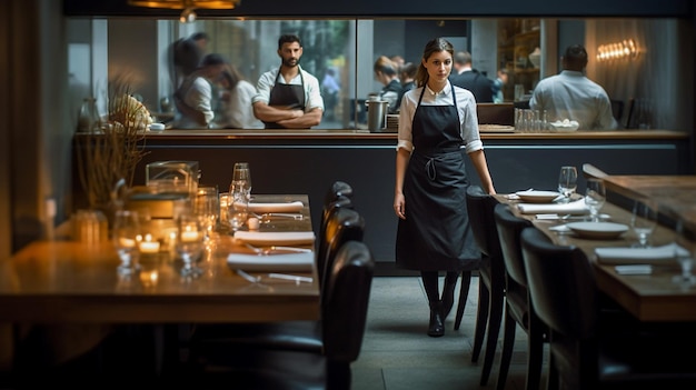 there is a woman standing in a restaurant with a waiter behind her generative ai